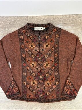 Peruvian Link Alpaca Blend Brown Fair Isle Zip Cardigan Sweater L